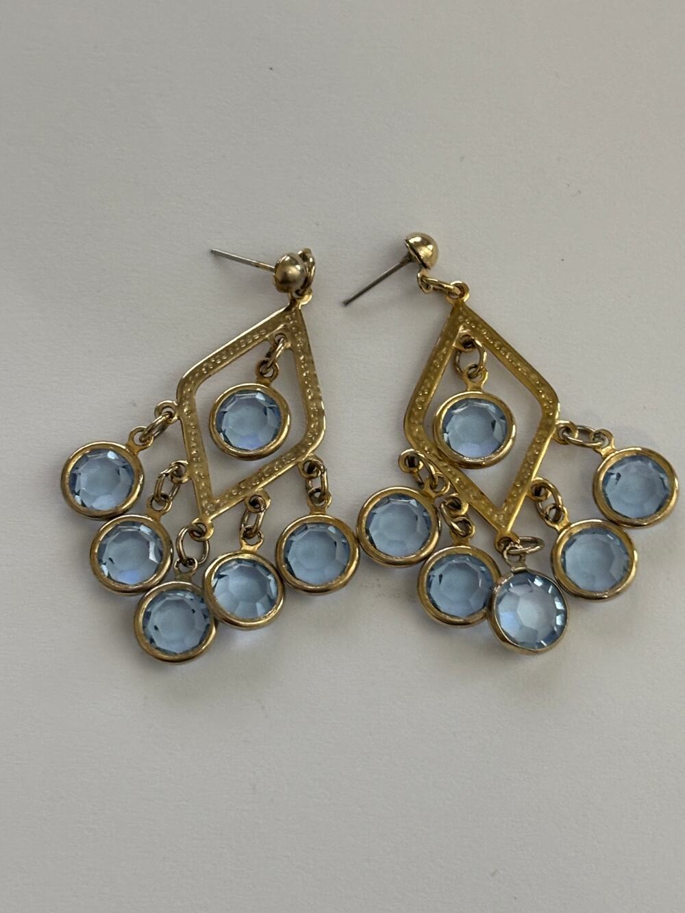 Vintage Gold Tone Dangle Earrings Bezel Set Blue Stones